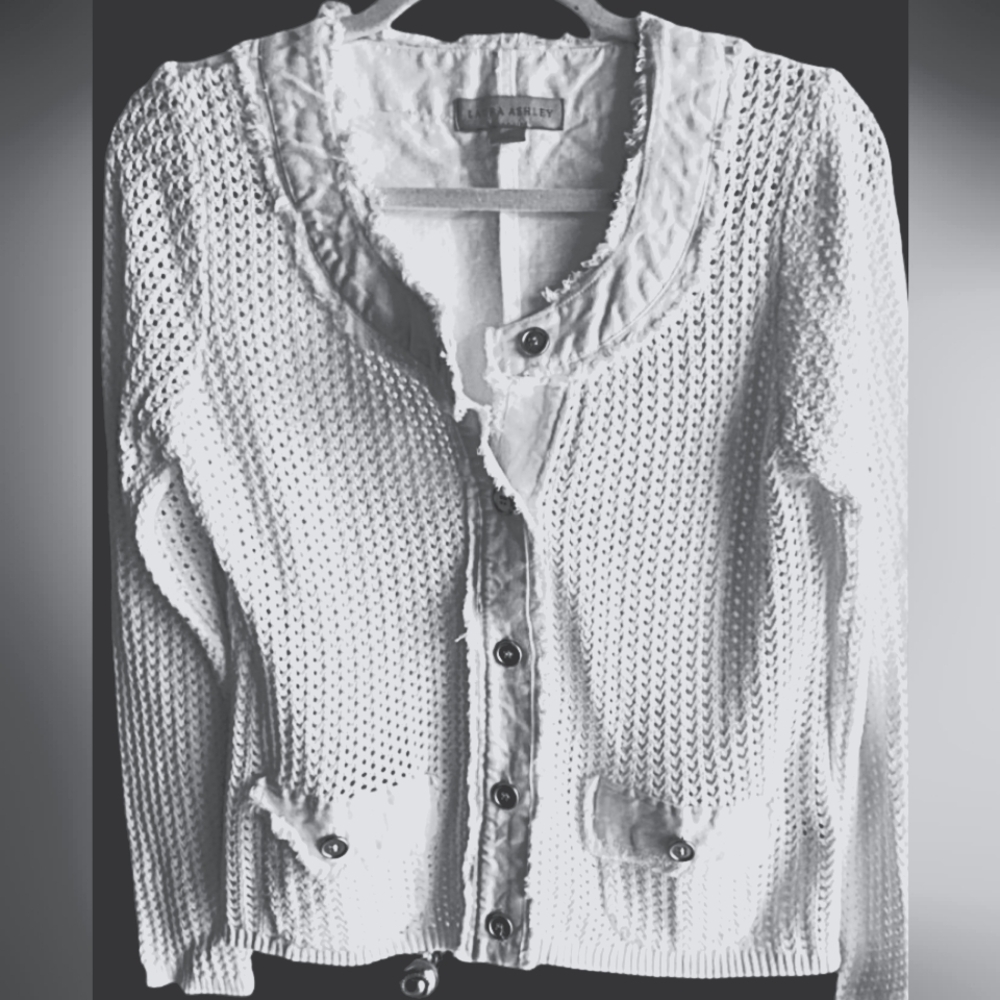 Laura Ashley. SHABBY CHIC white, cotton cardigan sweater